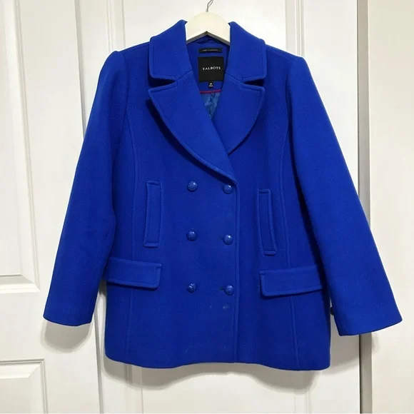Talbots Pea Coat Italian Woven Wool Lined Double Breasted Size 20 Royal Blue - Picture 2 of 15